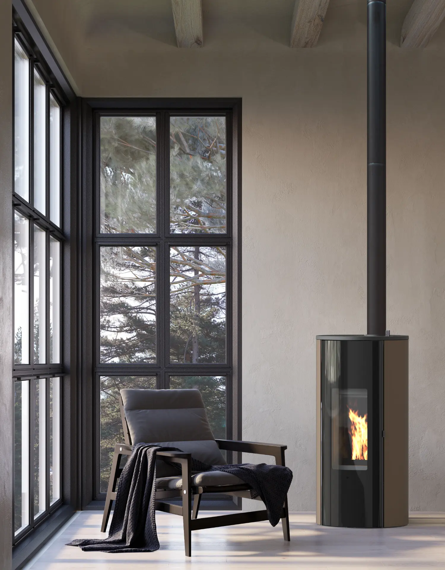 Poêle à granulés Brisach Furano avec flamme dans un intérieur contemporain